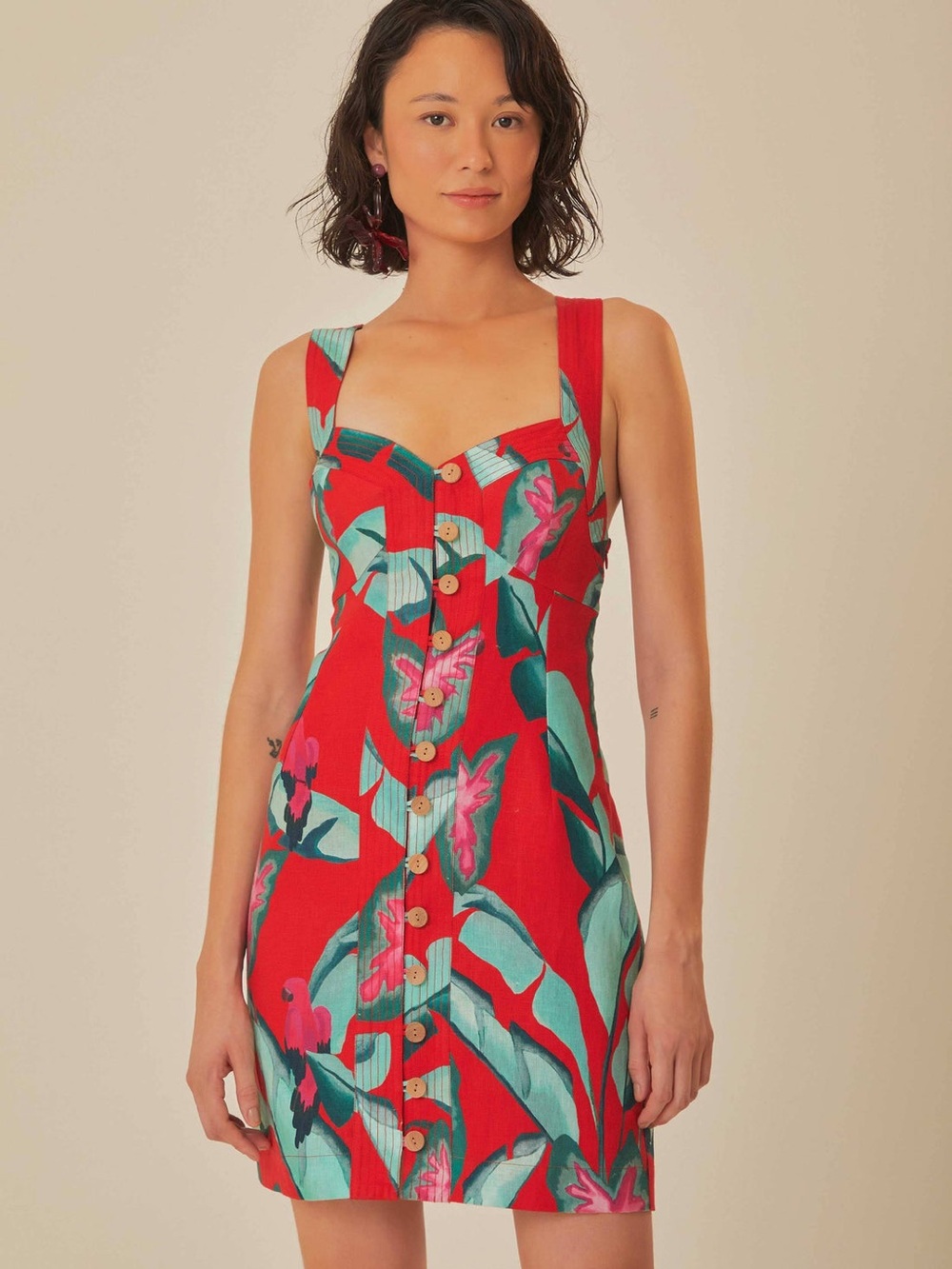 Farm Rio Red Summer Foliage Mini Dress  100% Linen, XL